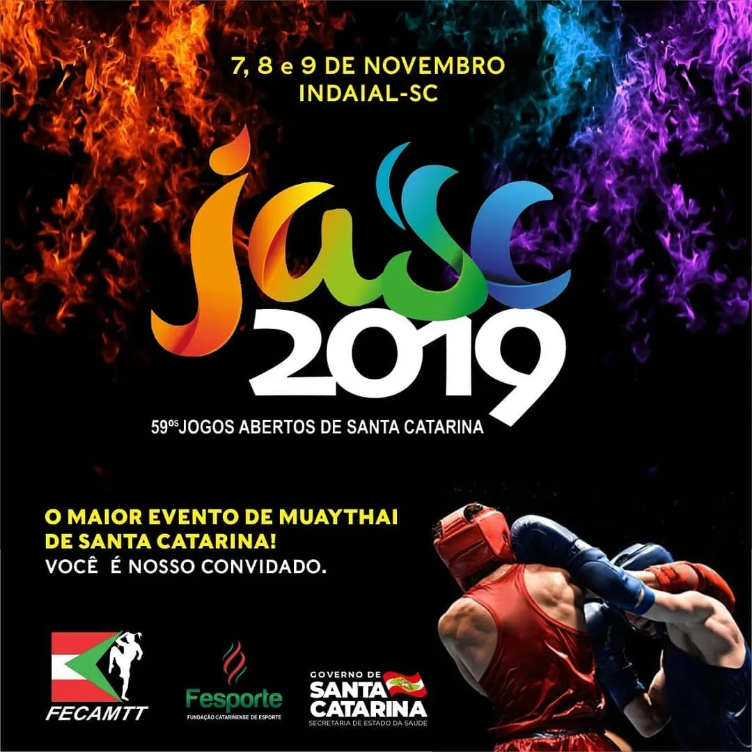 Cartaz do JASC 2019, 59º Jogos Abertos de Santa Catarina, em Indaial, 7 a 9 de novembro, com os logotipos da FECAMTT, da Fesporte e do Governo de Santa Catarina